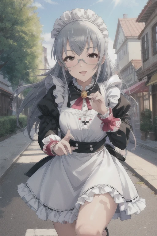 masterpiece, Best Quality, High resolution, The Idolmaster, Maid headdress, Side Lock, Glasses, frills, brooch, Maid,  black dress to hang your body, Puff sleeves, Long sleeve, Maid apron, White apron, bustling street,Running,sunny, smile, (Perfect hands, Perfect Anatomy)