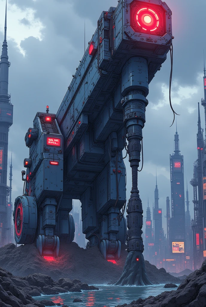 Cybanime, Massive cyberpunk-style mining machinery drilling into the earth under a dark, overcast sky in a futuristic industrial zone. The machinery is sleek yet rugged, with rotating drills and glowing red energy cores. 
