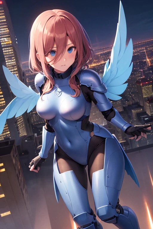 1girl, large breasts, breasts, thick thighs, wide hips, pink hair, very short hair, hair ornament, ornament, blue eyes, white bodysuit, bodysuit, futuristic, science-fiction, tech, machinery, angel wings, thigh strap, cutout, hip vent, cleavage, serious, glowing eyes, cameltoe