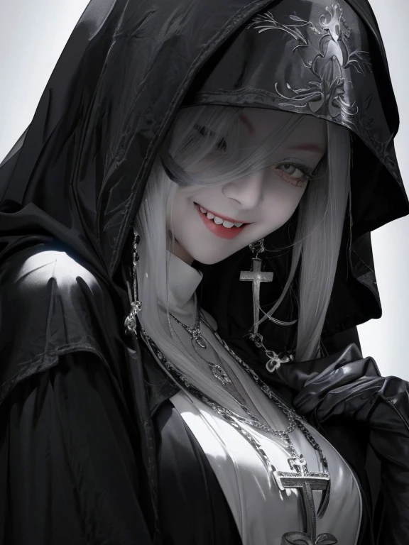 (masterpiece, Top quality, 8K, best quality, Official Art, beautiful and aesthetic:1.2),  Closed churches, Sisters Robe, ,Description of the Nun, Fear, Gothic, Black and white with red accents, Red lips, 수녀뒤에 서있는 검은 devil 형상, devil, The exorcist