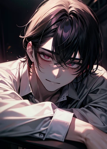 Private Server、{room}、dark、dark、{craziness}、 good-looking guy with empty eyes、Long Bangs、Unshaven、{Yandere}、Twisted Smile、{male}、High image quality、{anger}、Empty face、A firm eye、Above the upper body、