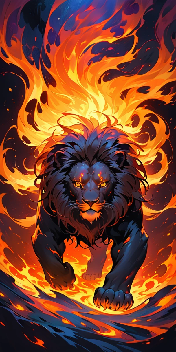  A stunning abstract energy painting ， in the shape of a fire lion The overall atmosphere of the 。狮子的身体由Vibrant的旋转火焰组成， Its eyes radiate a strong golden glow 。 The background is a deep, dark abyss ， The contrast with fiery creatures 。 image is strong 、Strong and awe-inspiring 。Vibrant