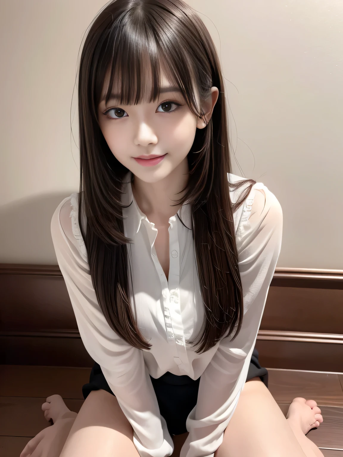 Woman sitting at table, thighhighs and skirt, sitting on a mocha-colored table, Cute elegant pose, Girl in the Mysterious Conference Room, Sitting in a conference room, Cute Woman, Casual pose, Engaging pose, elegant japanese woman, korean female fashion model, Sitting alone in a conference room, in the conference room