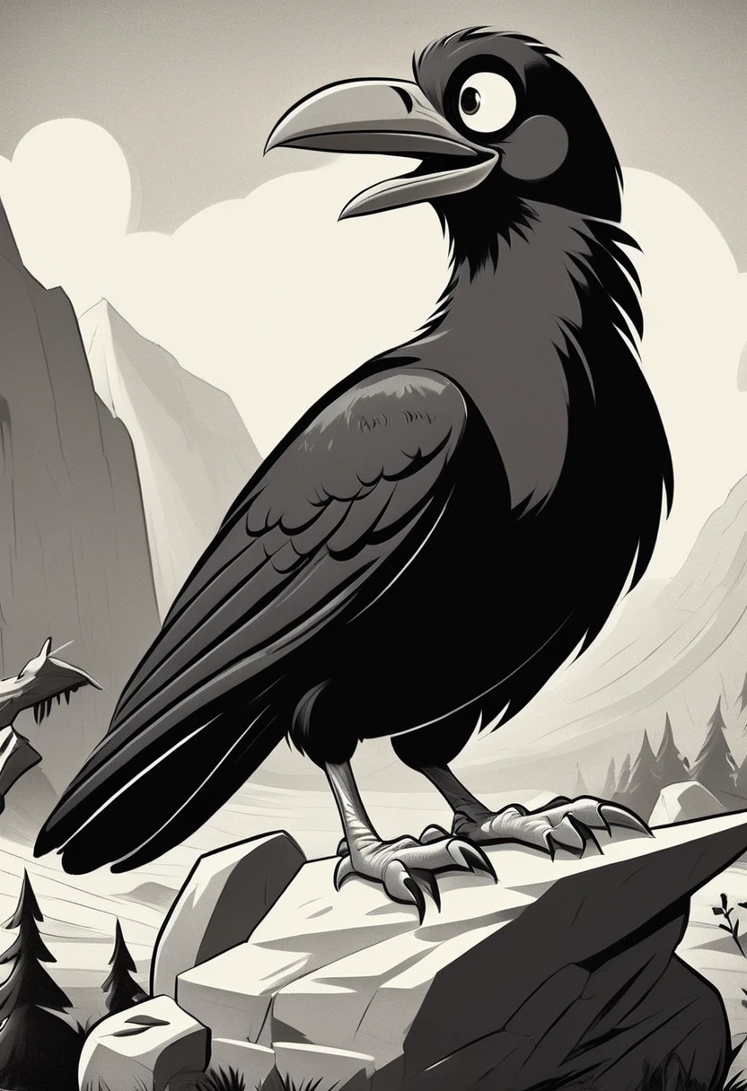 black and white vintage cartoon of A huge crow   on a rock 