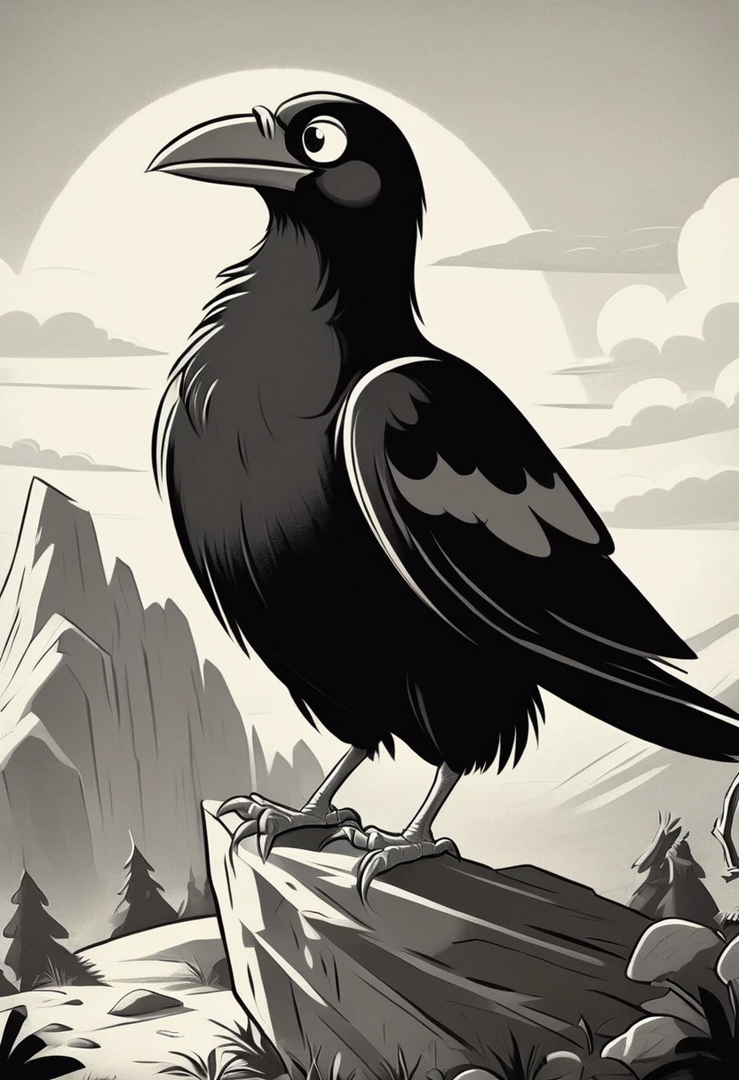 black and white vintage cartoon of A huge crow   on a rock 