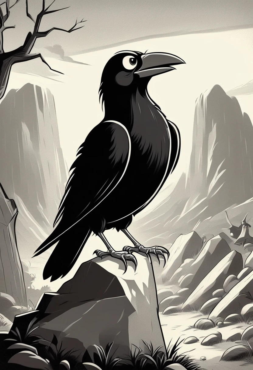 black and white vintage cartoon of A huge crow   on a rock 