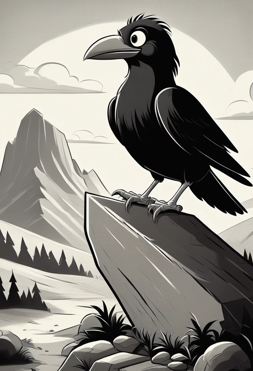 black and white vintage cartoon of A huge crow   on a rock 