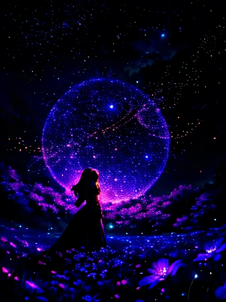 a beautiful woman in a fantastical field at night, stars in the sky, neon glowing fantasy flowers, fireflies all around, masterpiece, 4k, best quality, highly detailed, photorealistic, cinematic lighting, dramatic colors, surreal, magical atmosphere, beautiful girl