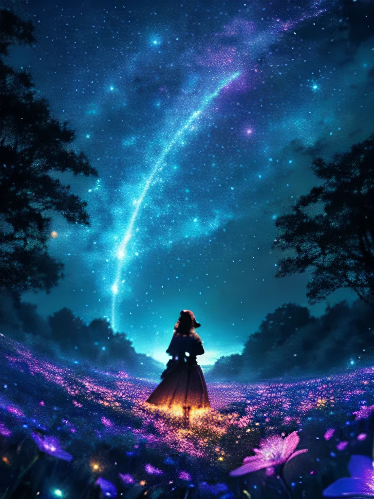 a beautiful woman in a fantastical field at night, stars in the sky, neon glowing fantasy flowers, fireflies all around, masterpiece, 4k, best quality, highly detailed, photorealistic, cinematic lighting, dramatic colors, surreal, magical atmosphere, beautiful girl