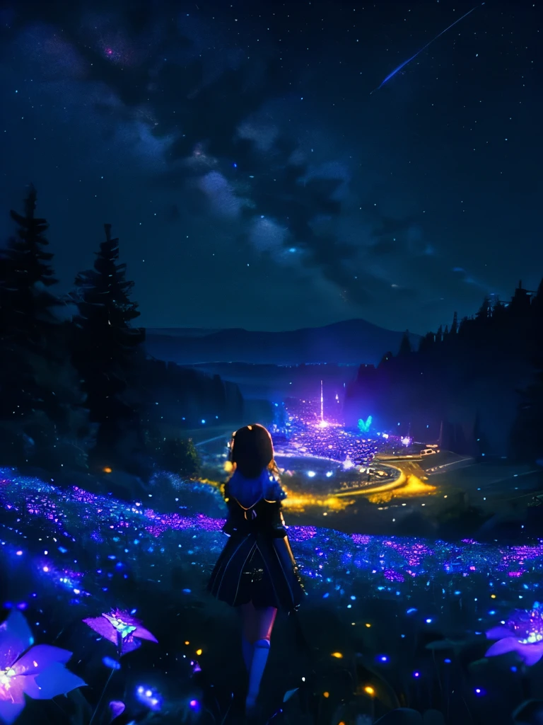 a beautiful girl in a fantasy starry night field, glowing neon fantasy flowers, fireflies throughout, view from below, 4k, best quality, highly detailed, photorealistic, vibrant colors, cinematic lighting