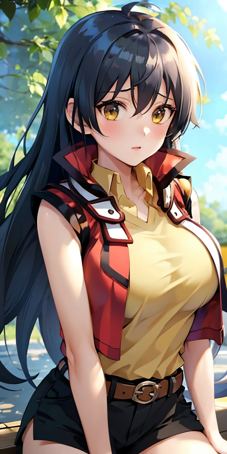 1 Female,High definition,high resolution,Ultra-realistic,8K, hmrei, long hair, black hair,yellow eyes,red jacket ,collared shirt, yellow shirt, sleeveless, belt, black shorts, black gloves, large breasts,European,sexy,Upper body close-up,Photographed from the front,Dynamic Angles,(blush), (medium tits) ,(wide thighs)