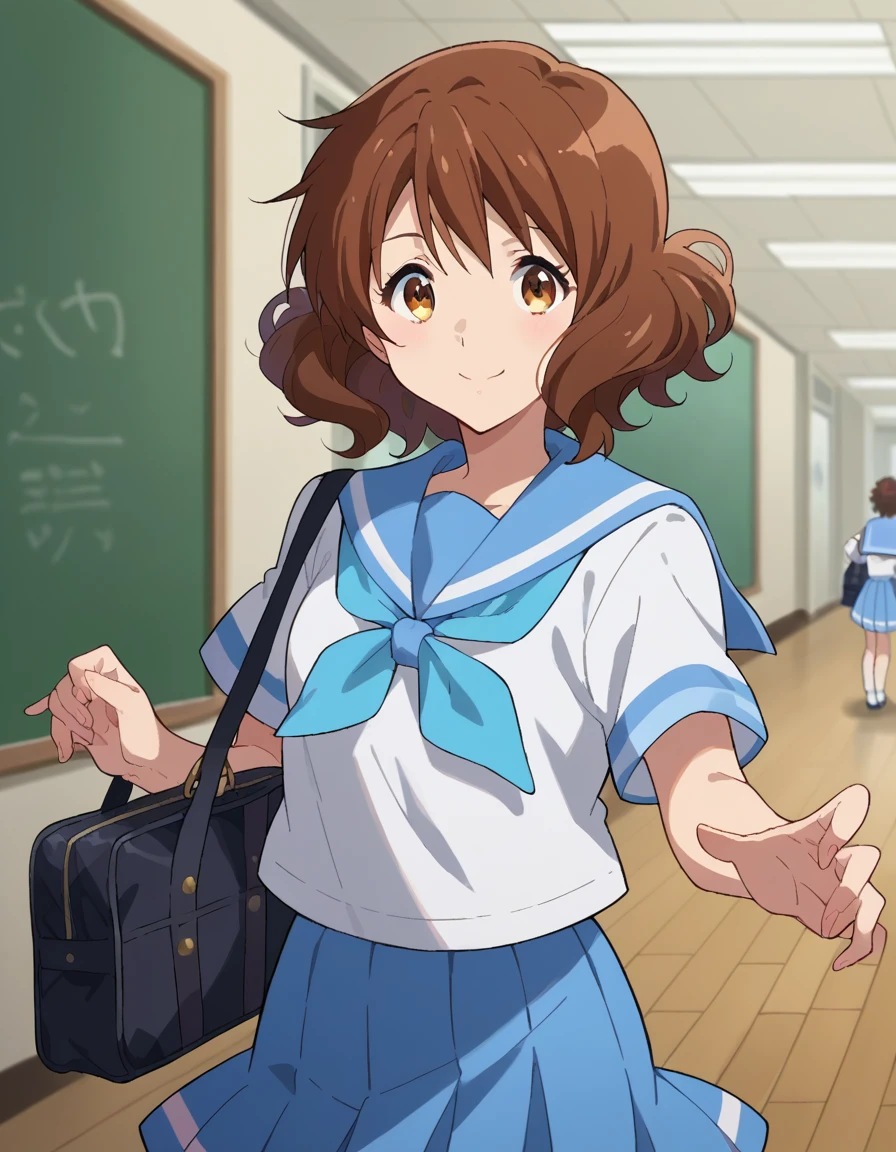 score_9, score_8_up, score_7_up, source_anime,
kumikooumae, kumiko oumae, brown eyes, brown hair, short hair, wavy hair, smile,
skirt, shirt, school uniform, white shirt, short sleeves, pleated skirt, serafuku, sailor collar, blue skirt, neckerchief, blue sailor collar, school bag, blue neckerchief, kitauji high school uniform,
indoors, classroom, hallway,
looking at viewer, cowboy shot, dutch angle, dynamic pose,