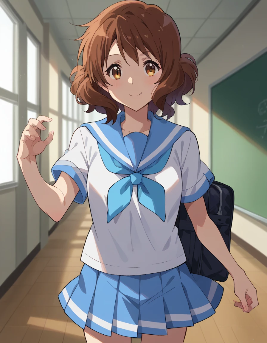 score_9, score_8_up, score_7_up, source_anime,
kumikooumae, kumiko oumae, brown eyes, brown hair, short hair, wavy hair, smile,
skirt, shirt, school uniform, white shirt, short sleeves, pleated skirt, serafuku, sailor collar, blue skirt, neckerchief, blue sailor collar, school bag, blue neckerchief, kitauji high school uniform,
indoors, classroom, hallway,
looking at viewer, cowboy shot, dutch angle, dynamic pose,