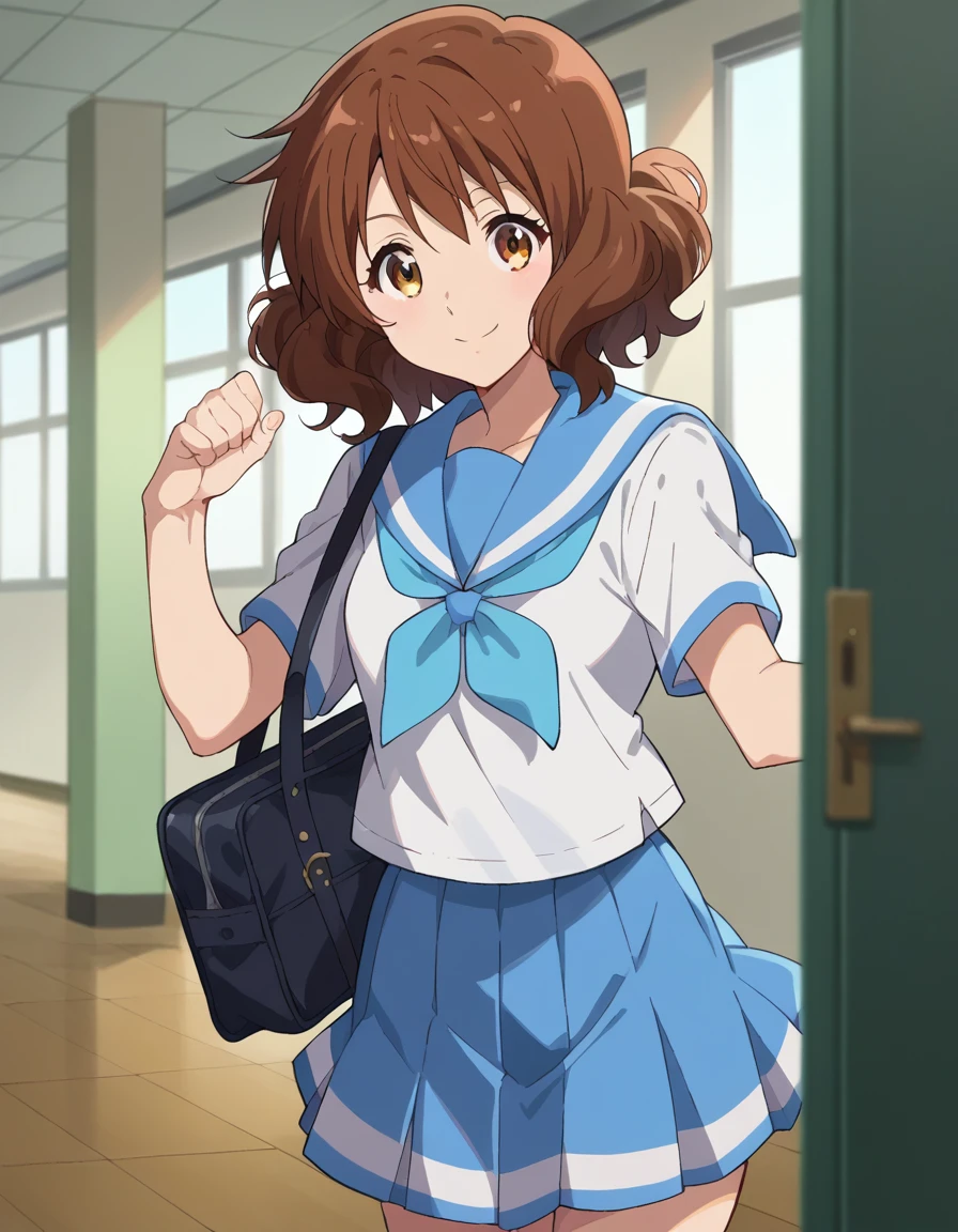 score_9, score_8_up, score_7_up, source_anime,
kumikooumae, kumiko oumae, brown eyes, brown hair, short hair, wavy hair, smile,
skirt, shirt, school uniform, white shirt, short sleeves, pleated skirt, serafuku, sailor collar, blue skirt, neckerchief, blue sailor collar, school bag, blue neckerchief, kitauji high school uniform,
indoors, classroom, hallway,
looking at viewer, cowboy shot, dutch angle, dynamic pose,