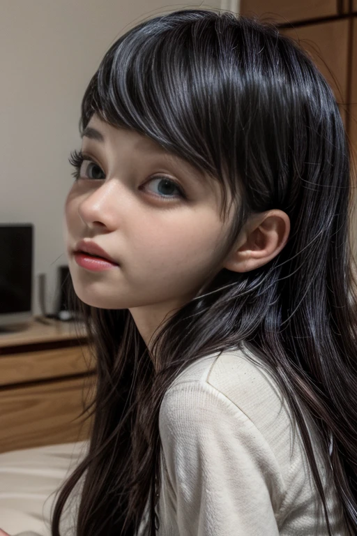 A cute Japanese woman sticking out her tongue, (tongue out:1.3), blush, looking at viewer, close-up, POV, breast focus, sole of feet visible