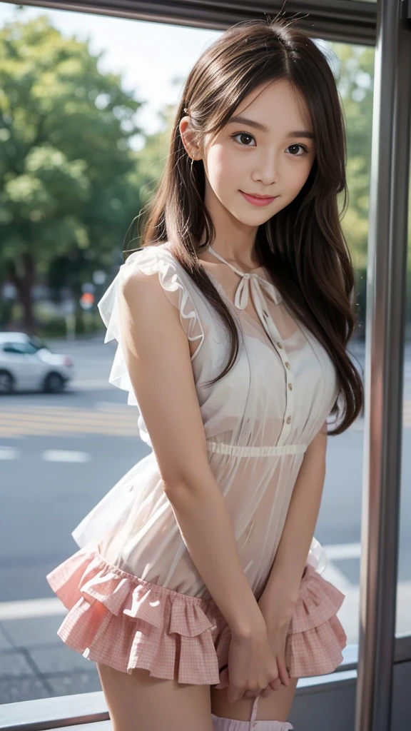 The whole body is visible, (Early Fall Dates), (( in very sweet and cute sheer girly fashion style clothes、 decorated with ruffles and ribbons at the city bus terminal .:1.2)),
 viewers, Japanese female college student, (One Woman:1.2), She is very beautiful, Glowing Skin, Perfect Face, Cute and symmetrical face, 
Light Brown Hair, Medium Hair, Wavy Hair, Hair tied up, compensate, 
Beautiful Hair, Beautiful Face,  Beautiful Attention to Details, Beautiful fingers, 
(At the city bus terminal), standing, (Cute smile), (8k, RAW Photos, Best Quality, masterpiece:1.2), (Realistic, Realistic:1.4), Very detailed, Shallow depth of field, Perfect Anatomy, Perfect body, Perfect hands, Perfect Eyes,  perfect body, smile, Double Eyelid, ( Natural Side Lighting, Cinema Lighting), slender body, flat chest:1.5,