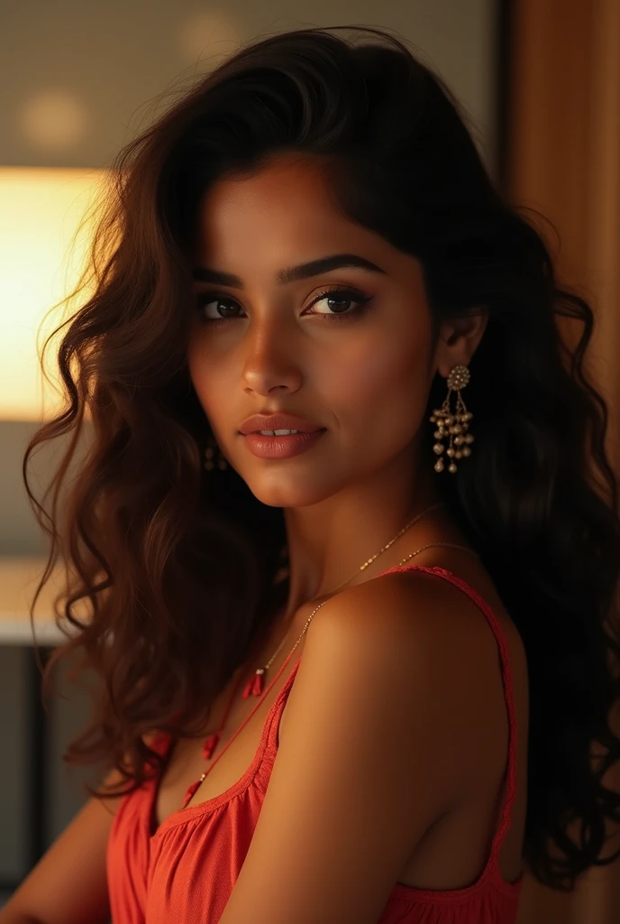 "Create an image of a beautiful Indian girl wearing a stylish top with a vibrant red coat over it. The girl should have eyes similar to Shraddha Kapoor's—large, expressive, and captivating. She should be depicted as the epitome of Indian beauty, with a warm, glowing complexion, long wavy hair, and a face that exudes both innocence and confidence. The background should be soft and elegant to keep the focus on her stunning appearance."