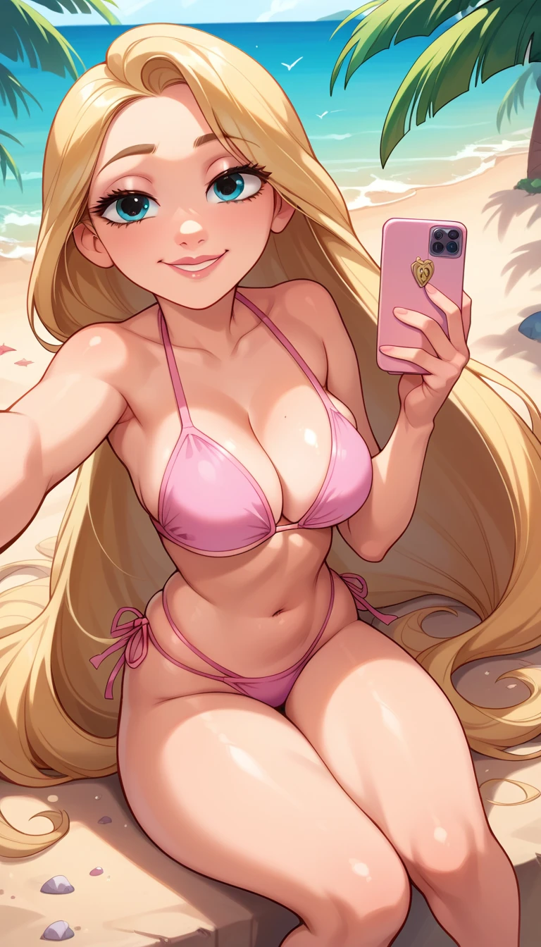 
rapunzel, Blonde hair,long hair, blue eyes (:1.1), Wear just a pink bikini,exposed legs,big chest,thick thighs,Knee high, shiny oily skin ,
Selfie,focus only,  half-closed eyes , smiling,on the beach,sunset light , wind, flowing hair  