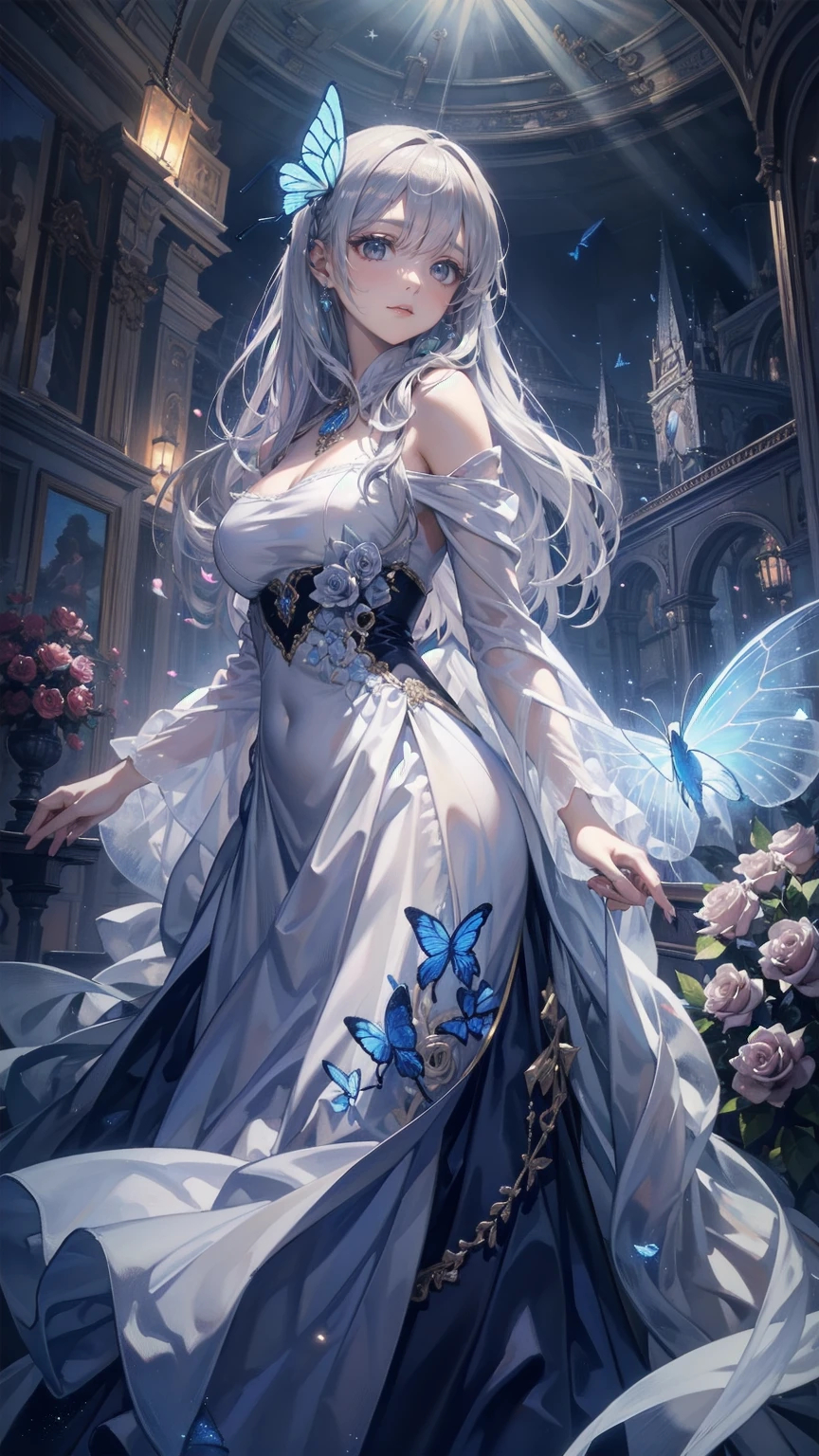 masterpiece, Best Quality, Ultra-detailed, with tall spires rising up towards a starry sky, Flowing silver hair, she wears an ornate hooded cloak adorned with an intricate butterfly design. she stands in a mystical nightscape, against a backdrop of twinkling lights and a fantastical cityscape, a realistic depiction of a beautiful young woman with long hair. the woman's soft lavender eyes are filled with a calm yet faraway look, as if lost in thought, she holds out her hand tenderly, glowing lights, An ethereal butterfly. her dress is embellished with delicate blue roses and a large bow in the center, glowing in the moonlight、fine fabric. the stars and galaxies above swirl in vibrant blues and purples, The whole thing has a magical glow to it.. The attention to detail is amazing, every strand of her hair, every fold of her garment, shining stars in the background々also rendered with astonishing realism, exudes a tranquil and enchanting atmosphere.
