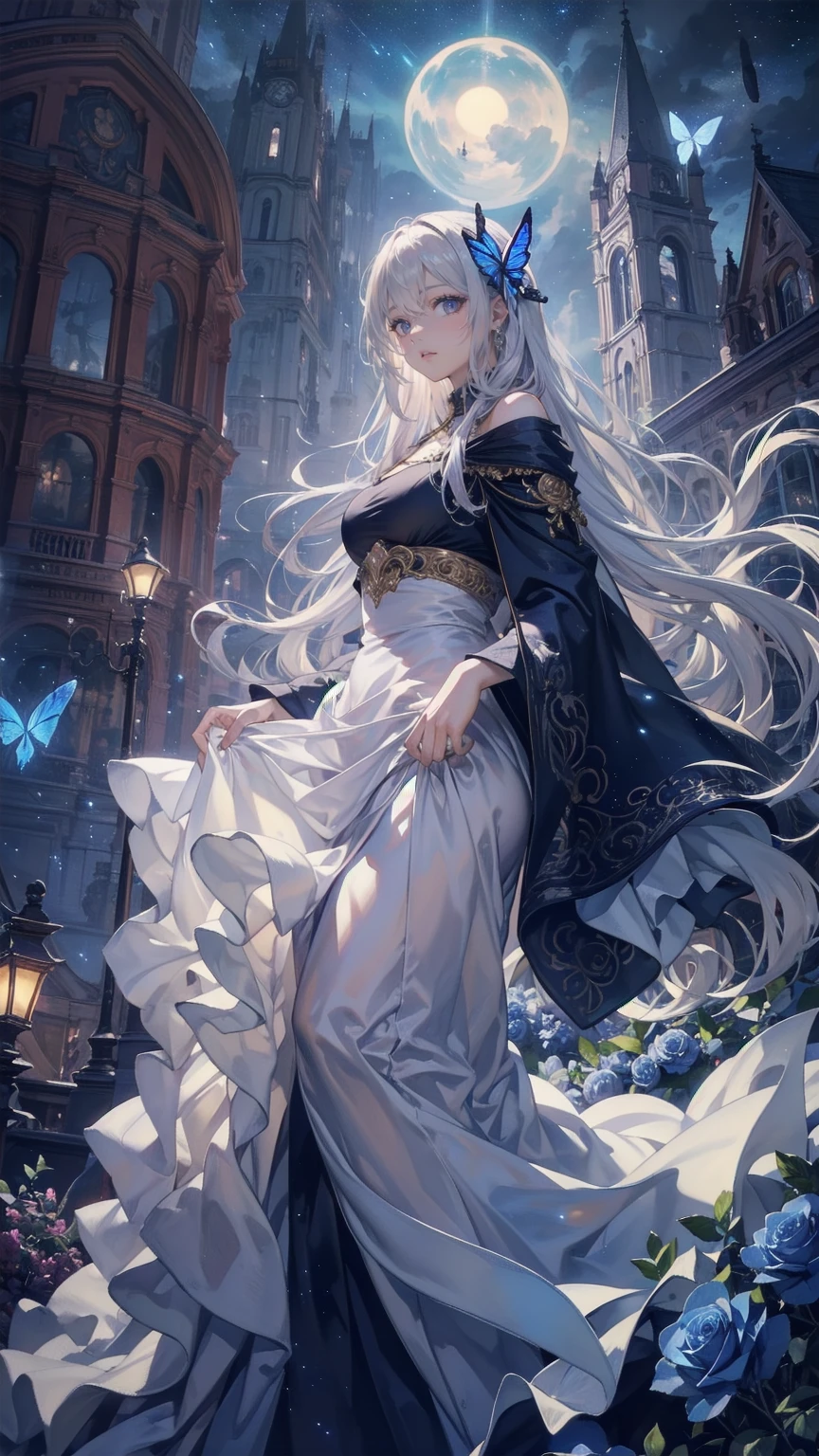 masterpiece, Best Quality, Ultra-detailed, with tall spires rising up towards a starry sky, Flowing silver hair, she wears an ornate hooded cloak adorned with an intricate butterfly design. she stands in a mystical nightscape, against a backdrop of twinkling lights and a fantastical cityscape, a realistic depiction of a beautiful young woman with long hair. the woman's soft lavender eyes are filled with a calm yet faraway look, as if lost in thought, she holds out her hand tenderly, glowing lights, An ethereal butterfly. her dress is embellished with delicate blue roses and a large bow in the center, glowing in the moonlight、fine fabric. the stars and galaxies above swirl in vibrant blues and purples, The whole thing has a magical glow to it.. The attention to detail is amazing, every strand of her hair, every fold of her garment, shining stars in the background々also rendered with astonishing realism, exudes a tranquil and enchanting atmosphere.
