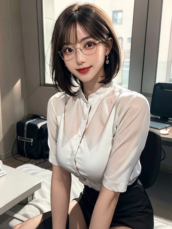 woman sitting in the office room, white wall, grey table, CEO, (business outfit:1.2), (office shirt:1.2), black tight skirt, earrings, black stockings, (masterpiece:1.2, best quality), 1milf, blush, ((brown short hair)), brown eye, (big breasts), perfect slim body, perfect face, perfect hands, (shy face), perfect eyes, seductive eyes, beautiful detailed eyes, tempting, detailed fingers, beautiful detailed eyes, (((masterpiece))), ((best quality)), ((intricate detailed)), ((Hyperrealistic)), absurd res, perspective, highly detailed, bokeh, UHD, HDR, RAW photo, ray tracing, 8k, cinematic lighting, slightly red cheeks, perfect body, perfect legs, long legs, slim legs, (sweating face), bokeh, ray tracing, (blurry background:1.2), detailed background, perfect eyes, (gorgeous beautiful 24 age years old japanese women:0.4), ((white sillky skin)), sharp focus, detailed background, perfect eyes, seductive eyes, looking at the viewer, (light smile:1.05), from front, (wearing oval glasses:1.2), night view