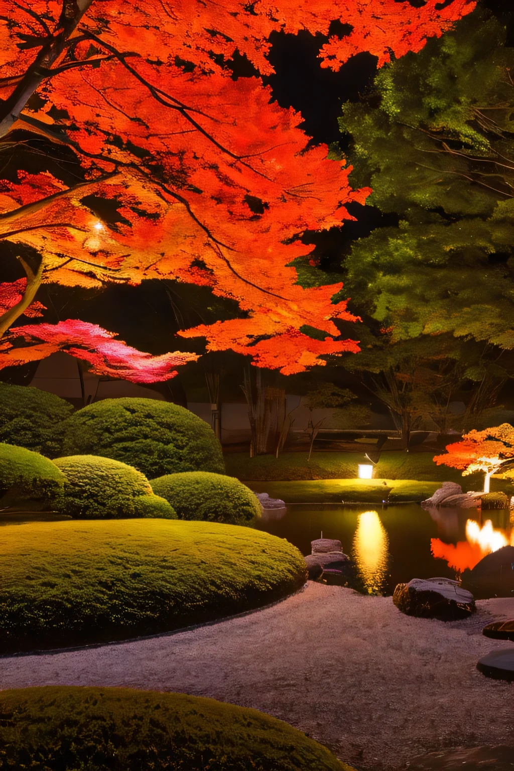 High image quality、High resolution、autumn leaves、Japanese Garden at Night、Light up、Crescent Moon、