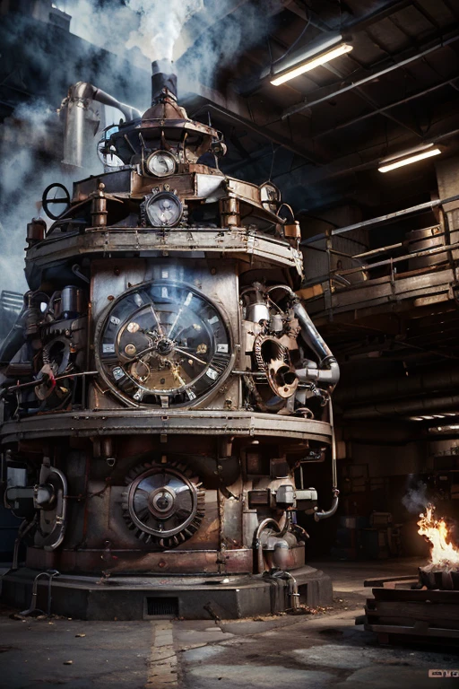 A detailed Ultra-realistic、photograph、Fantasy World、((A cog clock that runs on a giant machine))、 gears are exposed、Graphite chimney, Large machinery. All mechanical parts, a detailed industrial machinery, hydraulic press, factory machinery, industrial equipment, gears, conveyor belt, cogs, pistons, steam pipes, metal textures, grunge, rust, weathered, dramatic lighting, cinematic, moody, realistic, 8k, high quality, photorealistic, steam