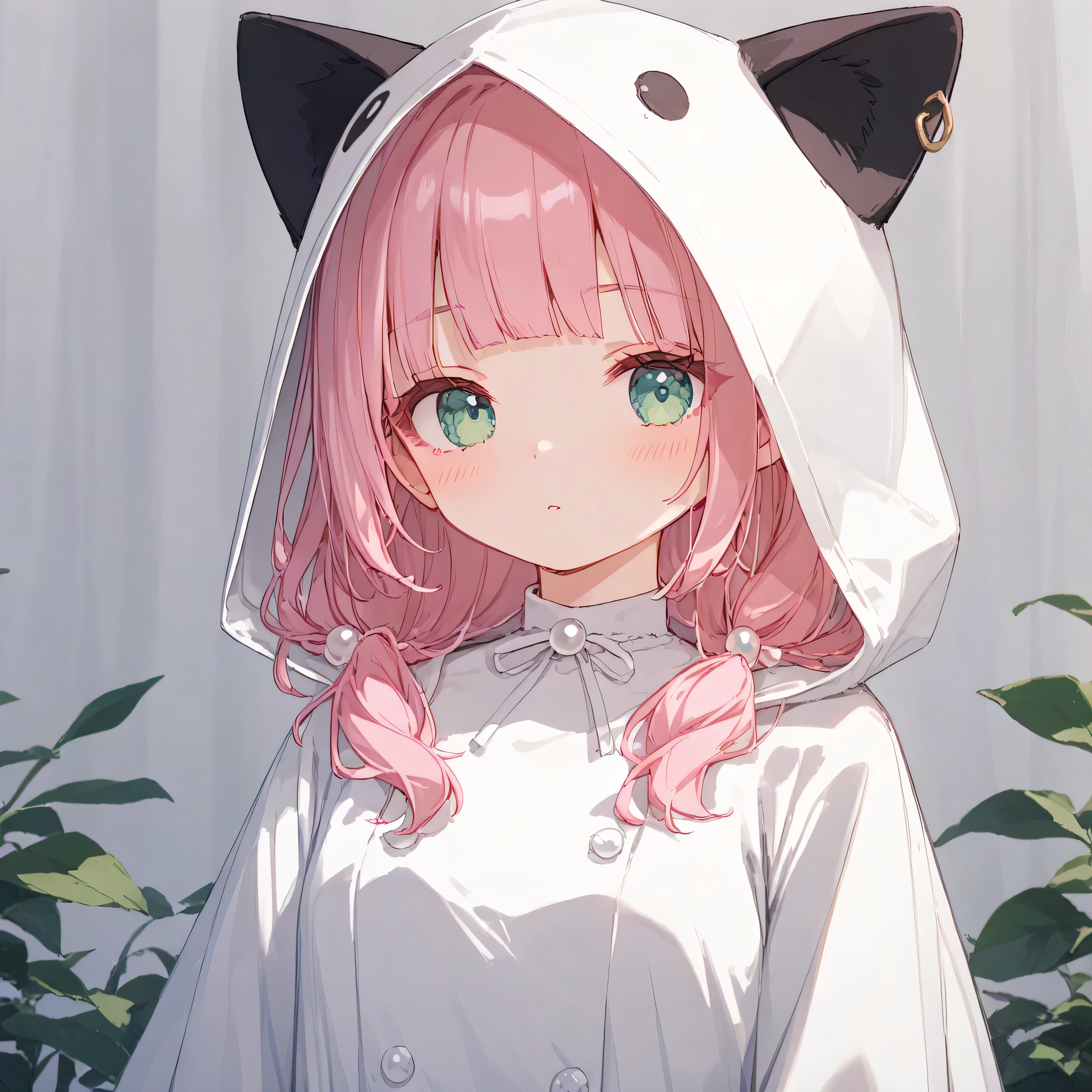 luzao\(EOE\),one girl,solo,{masterpiece}, {Super detailed}, {high resolution},(best quality),((pearl-pink hair,emerald eyes)),{{Extremely detailed and refined}}, {4k CG wallpaper}, {{illustration}},(|Detailed hair|blunt bangs|shiny hair),(cowbody shot),((,white raincoat)),black cat-ear hood,