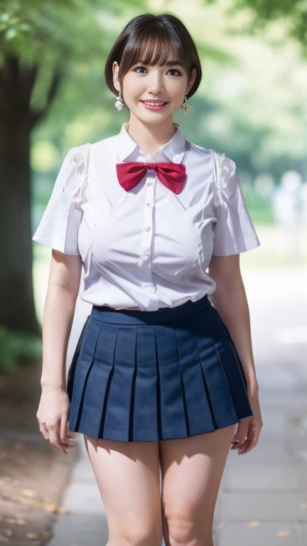 Japanese Mature,White skin,50 years old,(curvy body,Large Breasts,Emphasizes plump thighs:1.5),(JP SCHOOL UNIFORM,earrings,Ultra short pleated micro mini skirt,Short socks,Wearing loafers:1.2),(Standing in the park,Full body shot from head to toe,full body,standing:1.2),looking at viewer,smile,surrealism, depth of field, from below, Sony FE, 8k