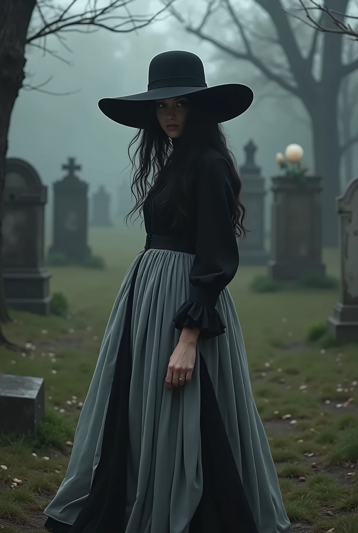 (medium full shot) of man, (Alluring witch) young woman, korean, dark brown eyes, pale skin, tan skin, light brown eyes, petite build, blonde hair,  wearing gold purple silk shirt, long flowing skirt, wide-brimmed witch hat with veil, patterned stockings, ankle boots, black cat familiar, set in  graveyard, Tombstone Rows, Neatly arranged headstones in rows, moss-covered and weather-worn, wildflowers peeking through the cracks, withered trees looming overhead, and the scent of earth and decay lingering in the air  , at night, woman surprised, open mouth, running toward the viewer, Masterpiece,best quality, photo, realistic, very aesthetic, detailed face,