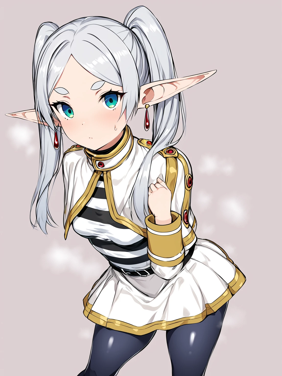 score 9, score 8 up, score 7 up, rating questionable,
simple background,(anatomically correct),
solo,1girl,
(frieren, pointy ears, elf, earrings, twintails, parted bangs, grey hair, thick eyebrows),collared capelet, white capelet, striped shirt, long sleeves,striped, white skirt, pantyhose,
small breasts, perky breasts,covered nipples, shiny skin,
looking at viewer, dynamic angle,standing,contrapposto,
sweat all over,steaming body,(short girl),(short torso),lift up skirt