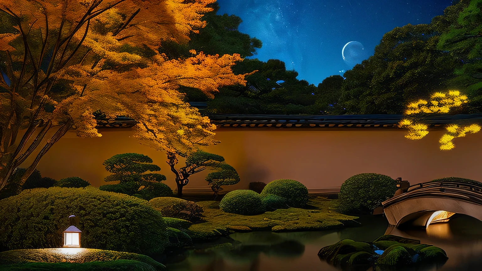 High image quality、High resolution、autumn leaves、Japanese Garden at Night、Light up、Crescent Moon、