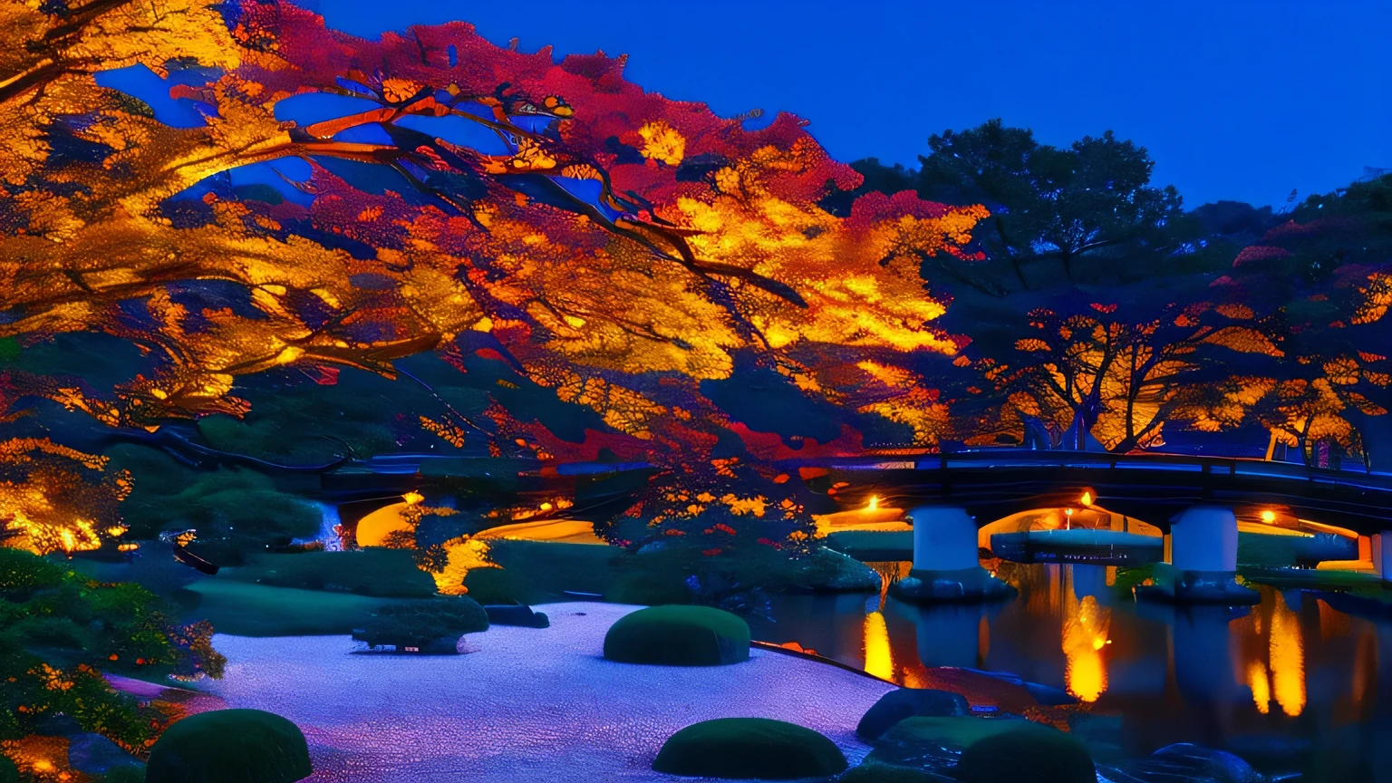 High image quality、High resolution、autumn leaves、Japanese Garden at Night、Light up、Crescent Moon、