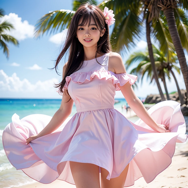 (8k、RAW Photos、Highest quality、masterpiece:1.2)、(Realistic、Realistic)、1 girl、((pink、Swimwear、Frills、smile、Beach、Large Breasts、whole body、garden、View from the front、Looking into the camera、Stand with hands on hips))、