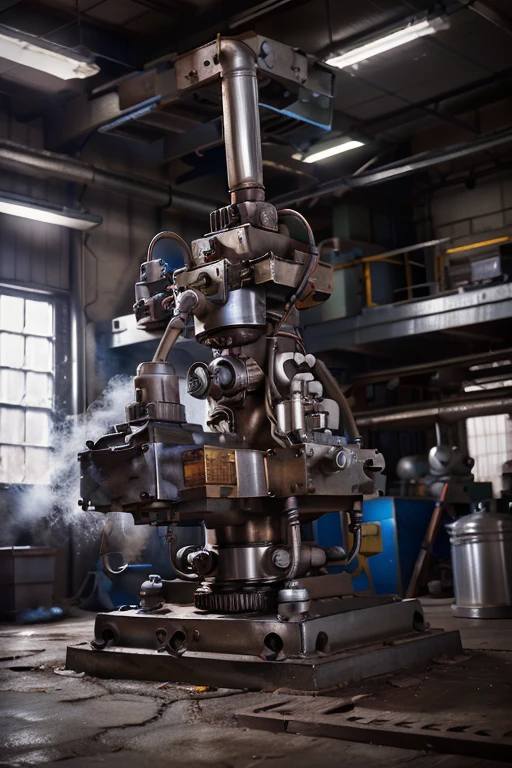 a detailed industrial factory robot, hydraulic press, factory machinery, industrial equipment, gears, tube light for eyes, cogs, pistons, steam pipes, metal textures, grunge, rust, weathered, dramatic lighting, cinematic, moody, realistic, 8k, high quality, photorealistic