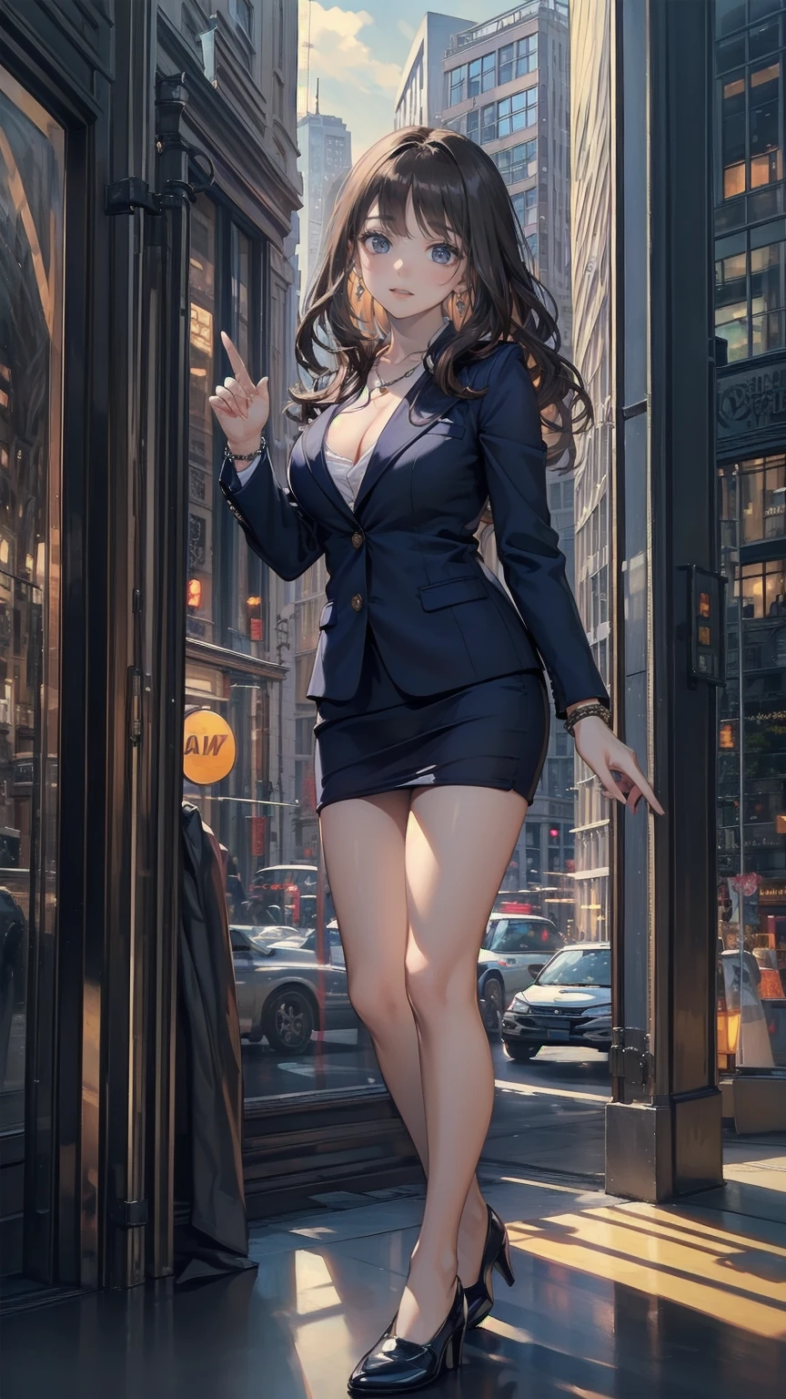 masterpiece, best quality, high detail, beautiful business woman, wavy hair, dark brown hair, business suit, black blazer, pink bra, belly button, black midi pencil skirt, long black pencil skirt, heels, looking at viewer, rainy backdrop, storm, clouds, city alley at night,