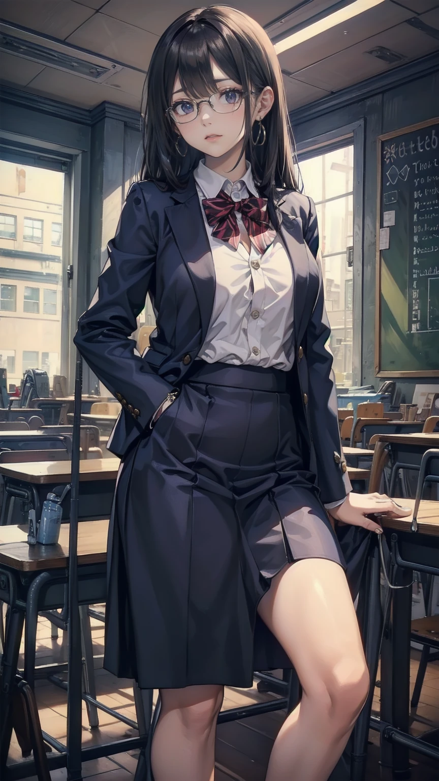 Black Hair, bangs, Hair behind the ear, Very long hair, jewelry, Earrings, masterpiece, Textured Skin,  detailed , Best Quality, Adult female, High school teacher, Wear a jacket, Dark Blue Suit, White blouse, Tight skirt,  mature woman, Good drawing, Standing alone in the classroom, During class, Glasses
