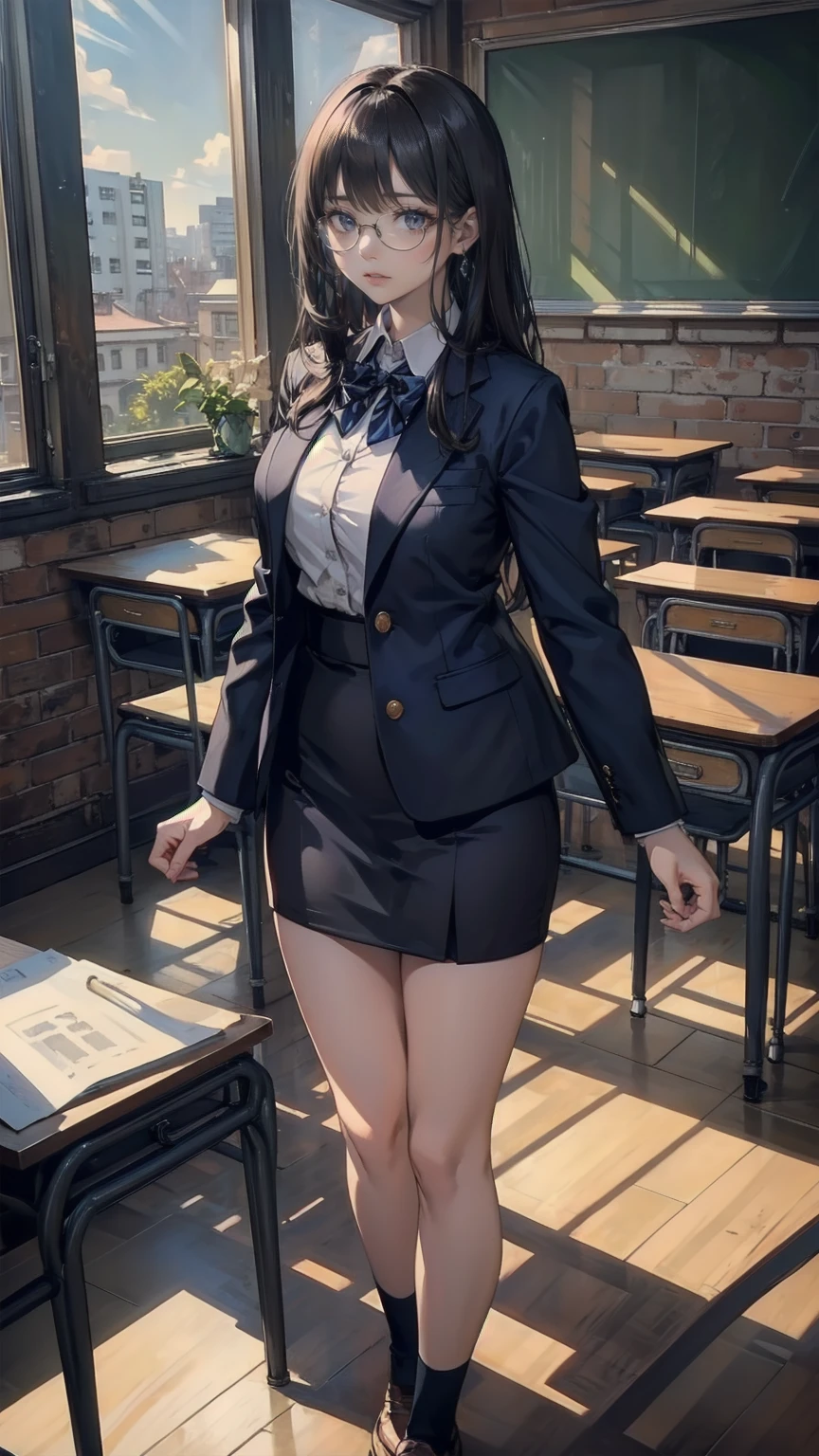 Masterpiece, maximum quality, ultra high resolution, 8k, Japanese girl (extremely beautiful), black hair, full body, very thin, detailed face, detailed eyes, mischievous smile, wide hips, thick thighs, smooth and soft pellet, wearing micro teacher's uniform, back to camera, school, empty classroom