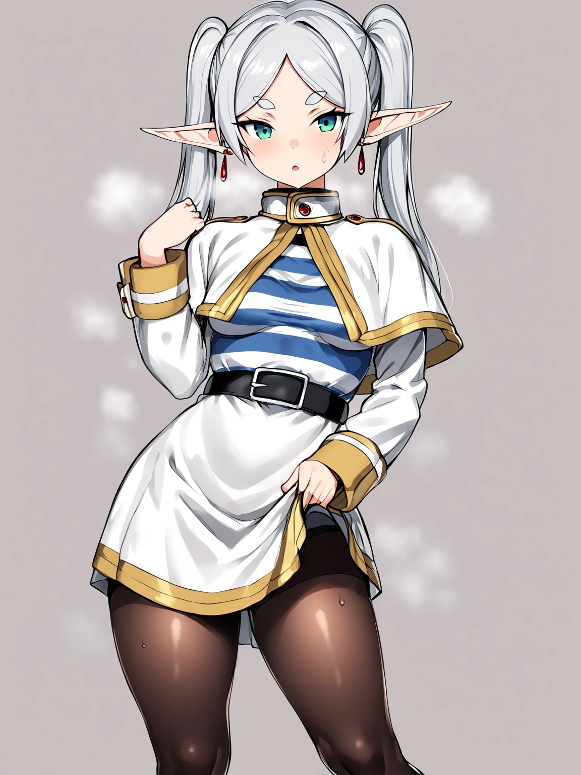 score 9, score 8 up, score 7 up, rating questionable,
simple background,(anatomically correct),
solo,1girl,
(frieren, pointy ears, elf, earrings, twintails, parted bangs, grey hair, thick eyebrows),collared capelet, white capelet, striped shirt, long sleeves,striped, white skirt, pantyhose,
small breasts, perky breasts,covered nipples, shiny skin,
looking at viewer, dynamic angle,standing,contrapposto,
sweat all over,steaming body,(short girl),(short torso),skirt lift 