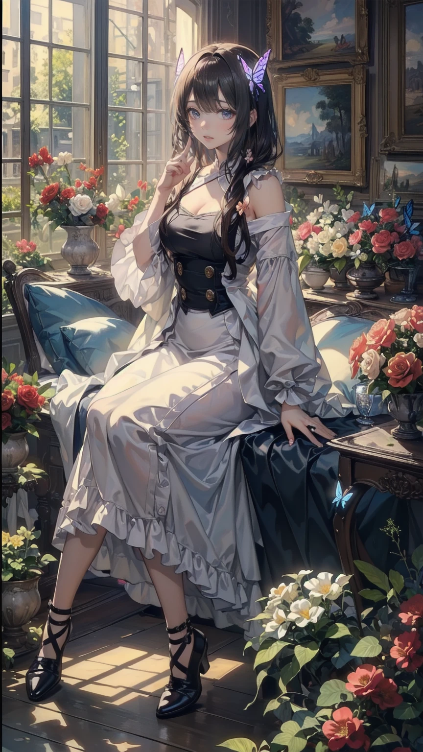 (masterpiece: 1.2), (Very detailed: 1.2), (Very detailed CG: 1.2), (High image quality: 1.2), (最High image quality), 8k,  anime illustration, Girl sitting in a flower field,A butterfly with a slightly sad expression々View、((There&#39;s a butterfly on my finger々))、Butterflies fluttering々dance、Beautiful work
