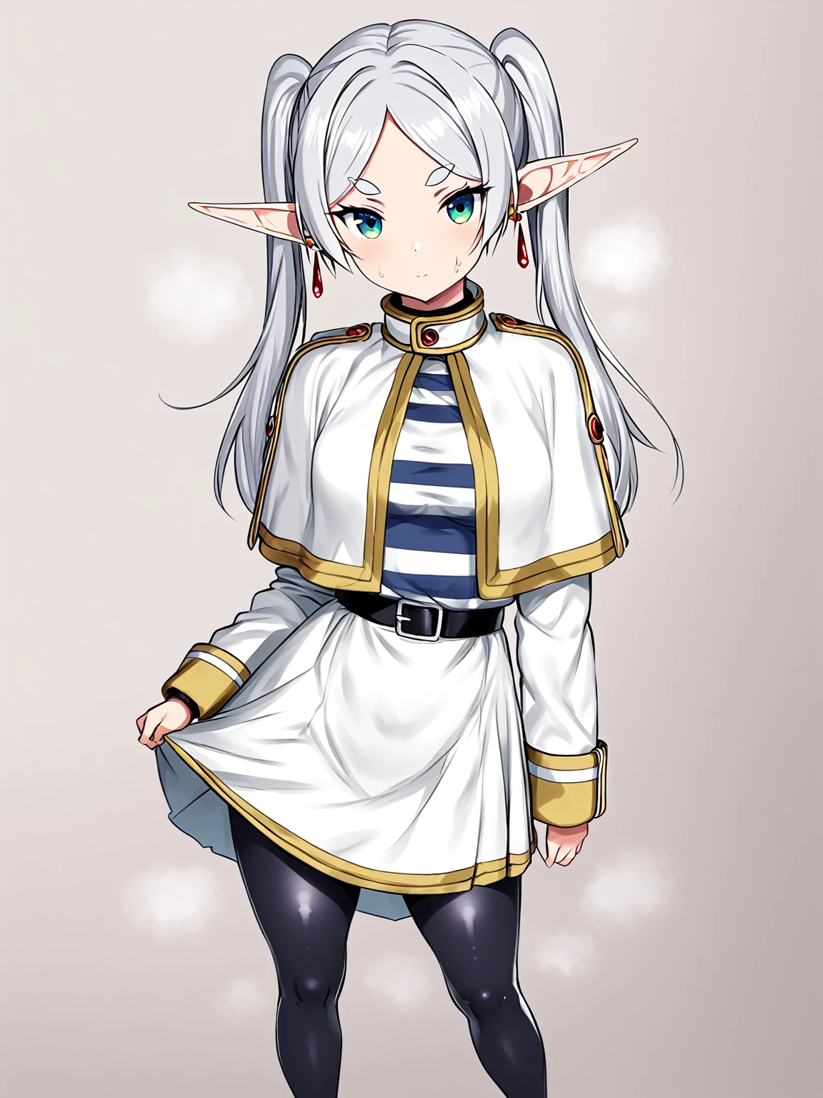 score 9, score 8 up, score 7 up, rating questionable,
simple background,(anatomically correct),
solo,1girl,
(frieren, pointy ears, elf, earrings, twintails, parted bangs, grey hair, thick eyebrows),collared capelet, white capelet, striped shirt, long sleeves,striped, white skirt, pantyhose,
small breasts, perky breasts,covered nipples, shiny skin,
looking at viewer, dynamic angle,standing,contrapposto,
sweat all over,steaming body,(short girl),(short torso),skirt lift 