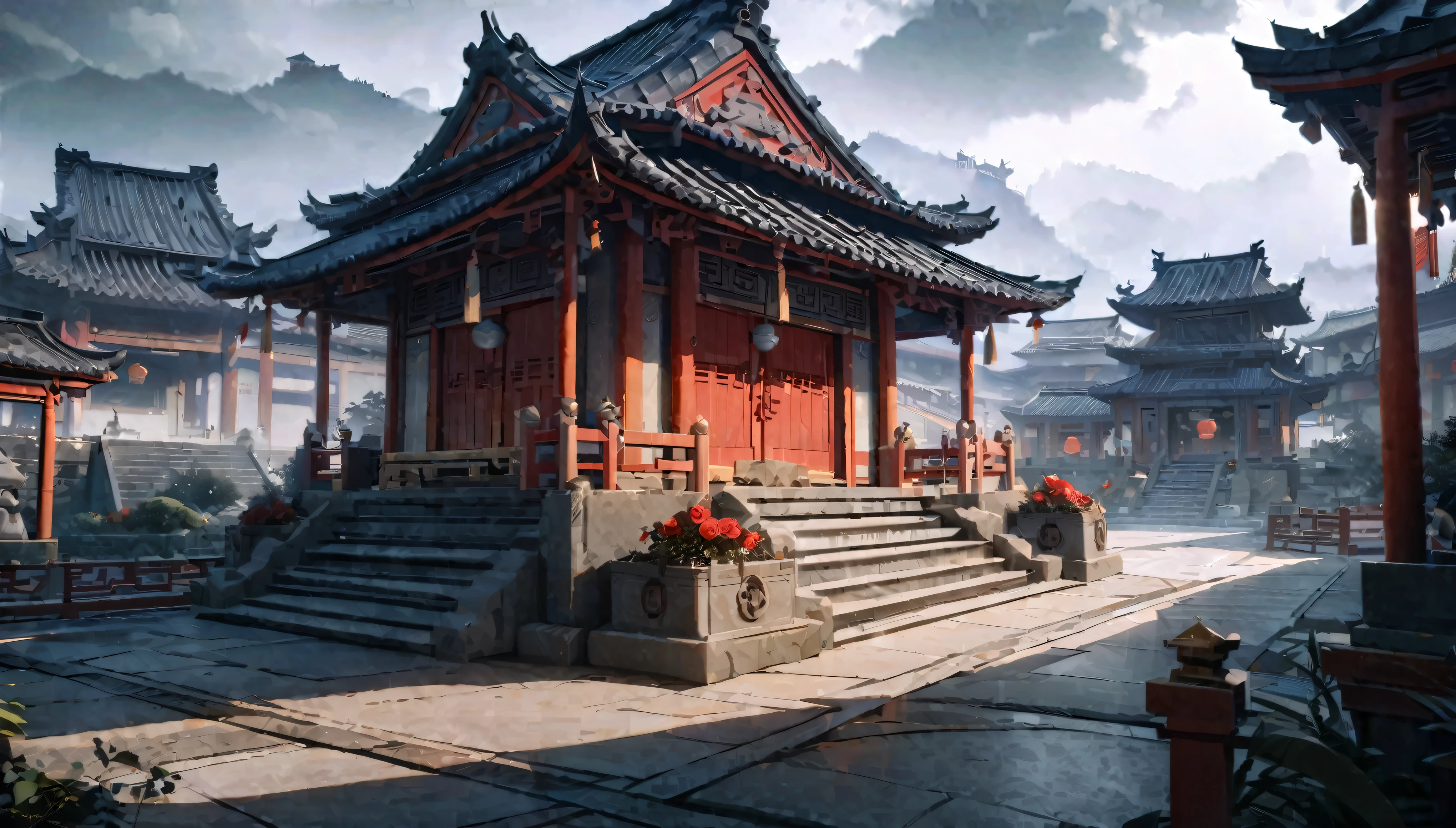 beautiful scene, white stone shrine in the center red roses around the shrine, journey to the west, chinese architecture, crcular building,aesteticly pleasing view, foggy weather, cloudy skies, grey light, dim light, wide shot, atmospheric perspective, perspective, best quality, highres, 4K, 8k, 16k, masterpiece, award winning