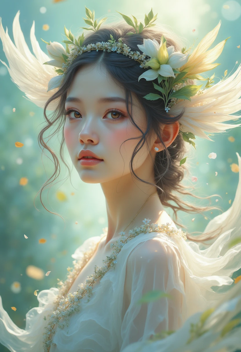 a girl in a flowing white dress, spirit of the wind, extremely detailed eyes and face, beautiful detailed lips, longeyelashes, delicate facial features, intricate details, ethereal, serene expression, graceful pose, soft lighting, cinematic, muted color palette, atmospheric, masterpiece, (best quality,4k,8k,highres,masterpiece:1.2),ultra-detailed,(realistic,photorealistic,photo-realistic:1.37)