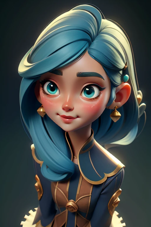 close up,paper. full body, 3D face pattern , sweet and delicate girl, With Long Dyed Hair,chocolate,short blue hair,,green eyes, Round Metal Earrings ,soft colors,