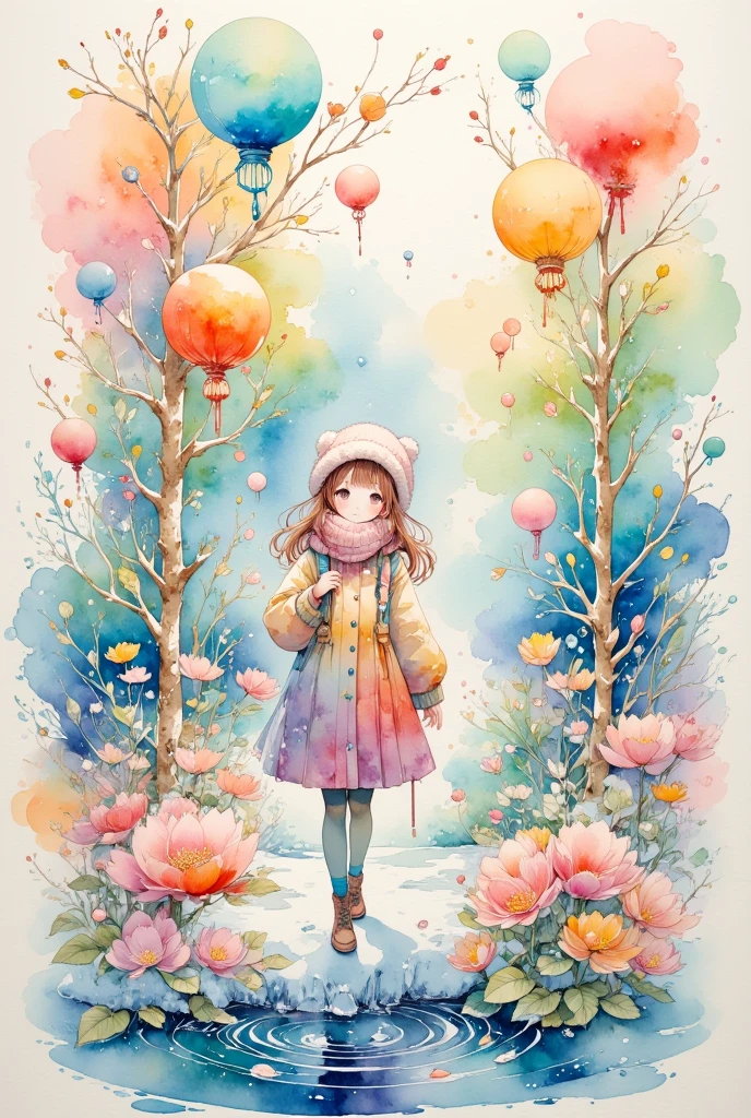 (masterpiece, best quality:1.2), watercolor style,1girl, girls in winter clothes , girls are holding umbrellas, it's snowing ,Fantasy,Beautiful as a dream