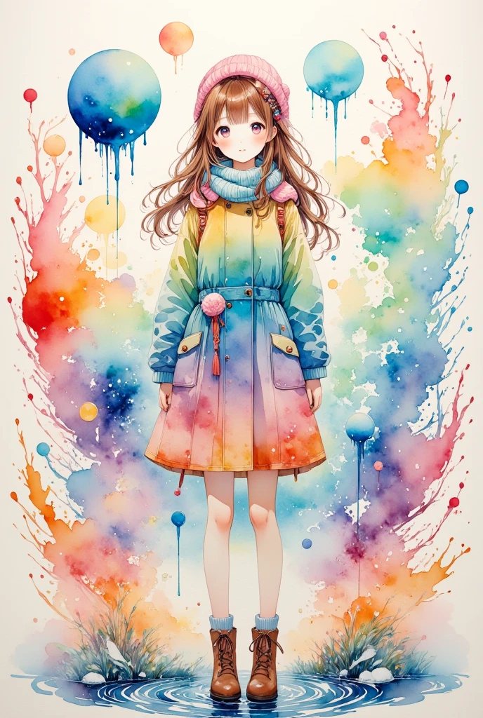 (masterpiece, best quality:1.2), watercolor style,1girl, girls in winter clothes , it's snowing ,Fantasy,Beautiful as a dream