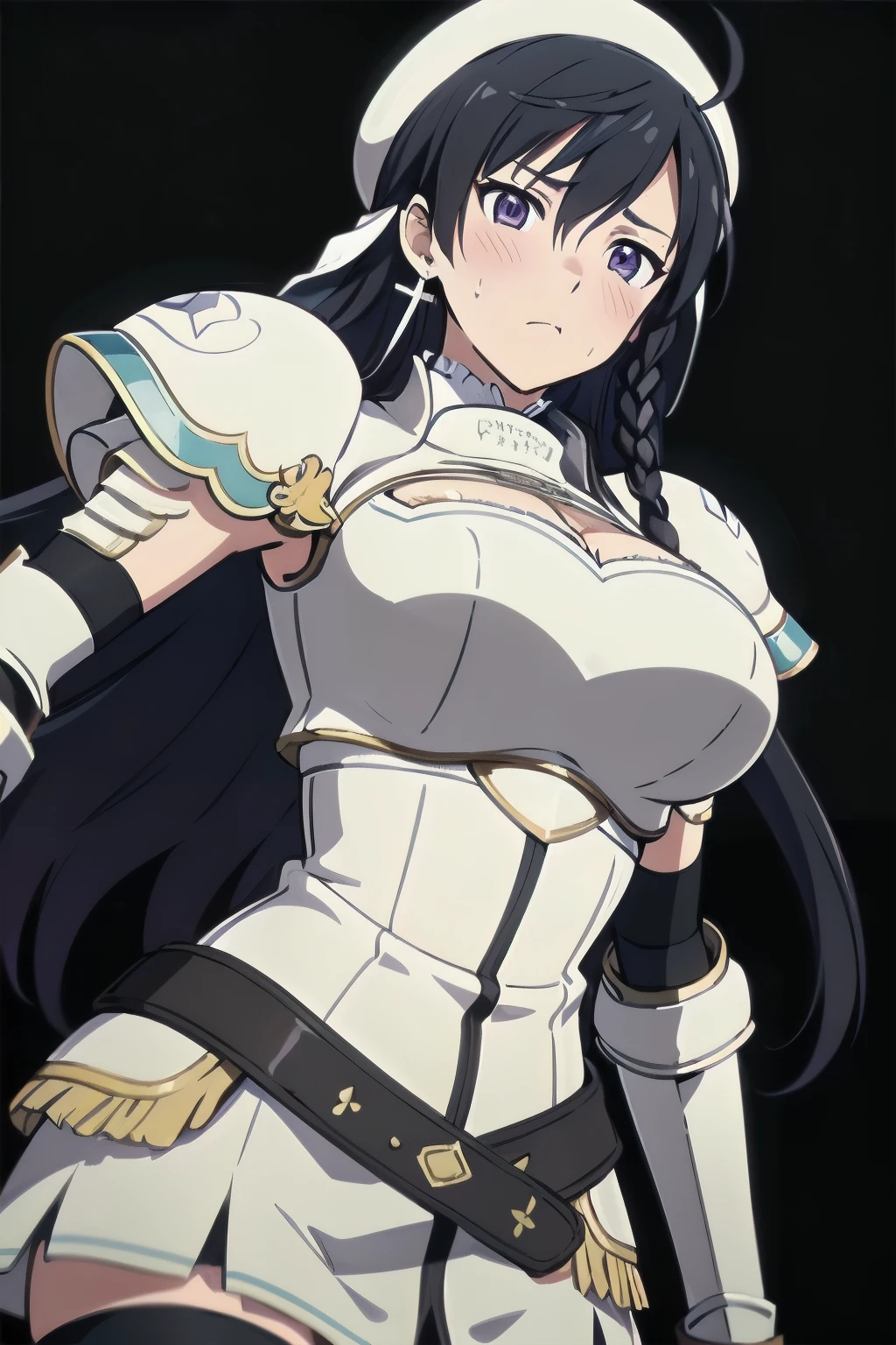 Sonia Blanche, purple eyes, long hair, (very dark brown hair), (black hair), cross earrings, hair ornament, veil, armored dress, pauldrons, breastplate, gauntlets, belt, skirt, greaves, black thigh-highs, steel boots, (white beret), 1girl, solo, upper body, (big breasts), facing viewer, looking at viewer, (aroused facial expression), closed mouth, blush, sweat, (simple black background), dark, view from below,