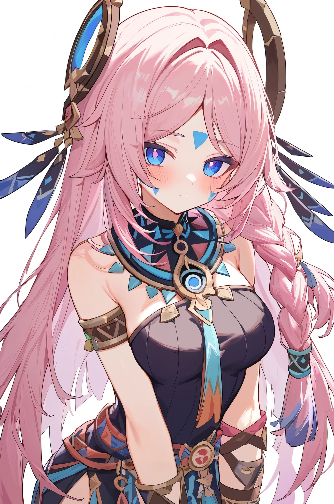 citlali ,シトラリ(genshin impact), 1girl,cowboy shot,pink hair, parted bangs, very long hair, hair down, braids, hair ornament, facial Mark, blue eyes, pink pupils, tribal clothes,Genshin Impact Style, AddXL, touches hair, glowing eyes, blush, beautiful detailed, hyper detail, masterpiece, best quality, bright,pink hair, parted bangs, very long hair, hair down, braids, hair ornament, facial Mark, blue eyes, pink pupils, tribal clothes,1girl, citlali,white background