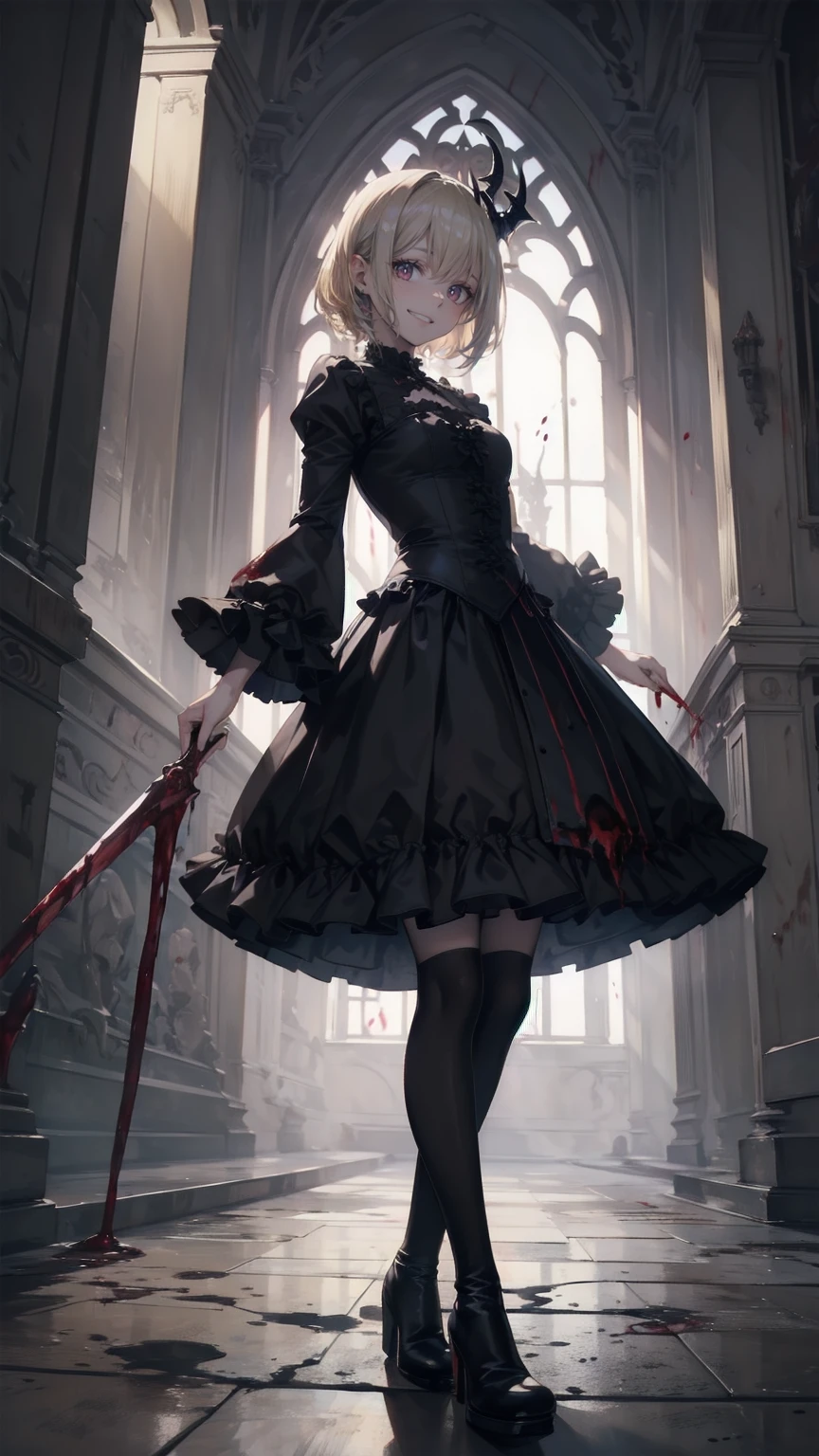 .(Highest quality,4K,High resolution,masterpiece:1.2),Very detailed,Realistic:1.37,Spooky altar background,Dark fantasy,Red color scheme,Ominous atmosphere,Eye-catching,Storytelling,anatomy,Anime Style,Concept Art,beautiful細部までこだわった顔と (((Red eyes ))),A terrifying ritual ,Satanic Ritual,Premature death,inappropriate behavior,クレイジーなsmile,Scythe Face,Girl Monster, beautiful, Delicate facial features, Sharp Eye, Sharp Fangs, pale skin, Thick chain, Dark Background, Cinema Lighting, Dramatic Shadows, Gothic style, Gloomy atmosphere, Dark fantasy, One Girl, Please open your mouth wide, Open your mouth and baring your teeth,Sharp teeth like a beast, Wide lips, very wide mouth, Vermilion cheeks, ,(Blood splatter:1.4),Scary smile, smile,Angel Design, Twisted smile、Bloody、bleeding from the head,,,,,、Blood splatter、,(Blood splatter:1.4),skull,Horrorスタイル, ((Fantasy Sweet Ta Frill Pink Costume)), ((Flowing blonde hair)), ,(Blood splatter:1.4),Female curves, Sexy flat stomach, Perfect hands, Perfect anime face, (Pink Tata Dress)), Are standing, ((邪悪なsmile)), ,(Blood splatter:1.4), Steam circulates, Moonlight Illumination, night lighting, (Blood splatter:1.6),アニメAngel Design, Twisted smile、Bloody、bleeding from the head,,,,,、Blood splatter、,(Blood splatter:1.4), skull,Gothic architecture、Western architecture、Fantasy World、,Victorian cities, Skeleton Gas Light,Absurd, High resolution、 ((Tabletop)), ((Highest quality)), (Very detailedな), ((Very detailed)), (beautiful), ((pretty girl)), (NFSW:1.8), alone,(10 years old:1.6)、(world&#39;The most terrifying and creepy demon 女の子:1.5)beautiful face、Whole Body Ezbian、pale, beautiful肌、beautiful金の髪、Smiling Kindly、Dark building ruins、(snow white&#39;Frill dress:1.3)、(The dark ruins are stained with blood:1.3)、Low angle full body shot、(少女は血の海の中にAre standing:1.5)、(The ground is full of blood:1.3)、(The  lost a lot of blood...:1.3)、(クレイジーなsmile:1.6)、Spirits、(Blood dripping from the mouth:1.3)、Neo-goth style, Wearing a black dress and a white collar, Wearing a black hat、wearing heavy makeup, Standing in a mystical garden surrounded by vines. The garden is full of deep purple flowers.、背景のGothic architecture。. &#39;The hair is golden、、A red rose is pinned to the side。. Her eyes are sharp、It&#39;Like being stabbed., Thick black eyeliner and long lashes. 彼女は顔色がpale.、Her lips are bright red.. The atmosphere is gloomy and eerie, with dim lighting casting long shadows. This piece combines digital illustration and photography..., outcome、驚くほどHigh resolutionの画像が生まれました. Most of the colors are dark、I&#39;Calm, Deep reds and purples create a dark beauty.. The style is neo-Gothic., Horror, Portrait Photography, Create unique and compelling visual experiences.Dark Imagery
