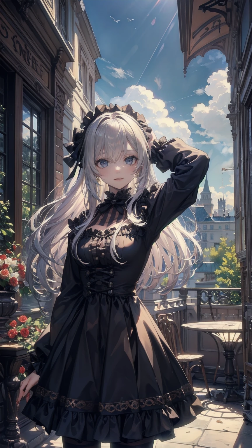 ((Striped Hair, Messy Hair, Big Hair)), ((Expressive hair)), Without hair band, Cinema Lighting, Bust Chart, First Person View, Ultra-high resolution, (((masterpiece, Textured Skin))), (Super detailed),  detailed , High image quality, ((Best Quality)), 16k, Gothic Costume, Upturned eyes, cute girl, Ruffled dress, On the open terrace of a cafe, Les Deux Magots
